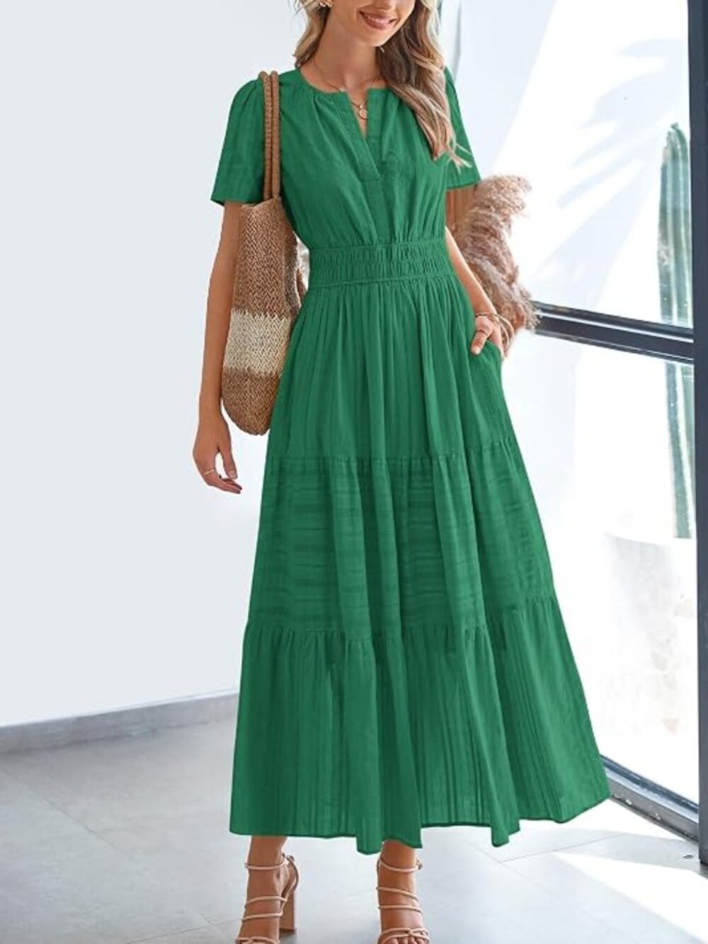 Womens Summer 2026 Casual Midi Maxi Dresses Lightweight Short Sleeve V Neck Elas